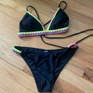 Black Bathing Suit with Pink, Neon, and Dark Green patterns